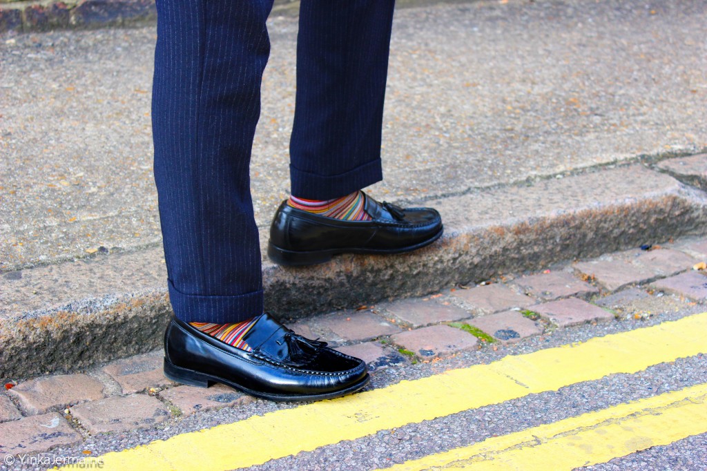 Statement socks and tassel loafers with a suit