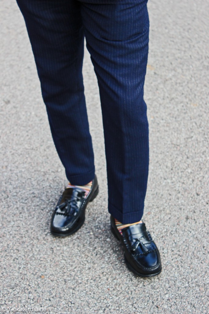 Statement socks and tassel loafers with a suit