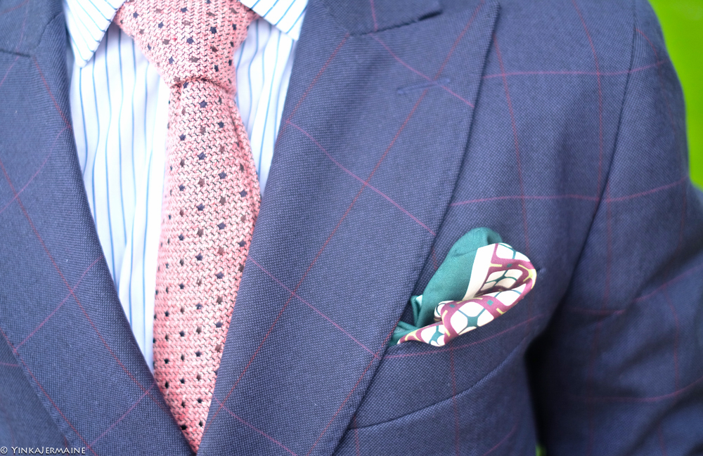 I also like to add a bit of character to my double breasted suit with a strong textured tie and some added colour through my stripped shirt, statement socks and contrasting pocket square. You might wonder why I still opted for a stripped shirt on a pattern suit but seeing as they are of different patterns and stripe thickness, that remains a go-go.