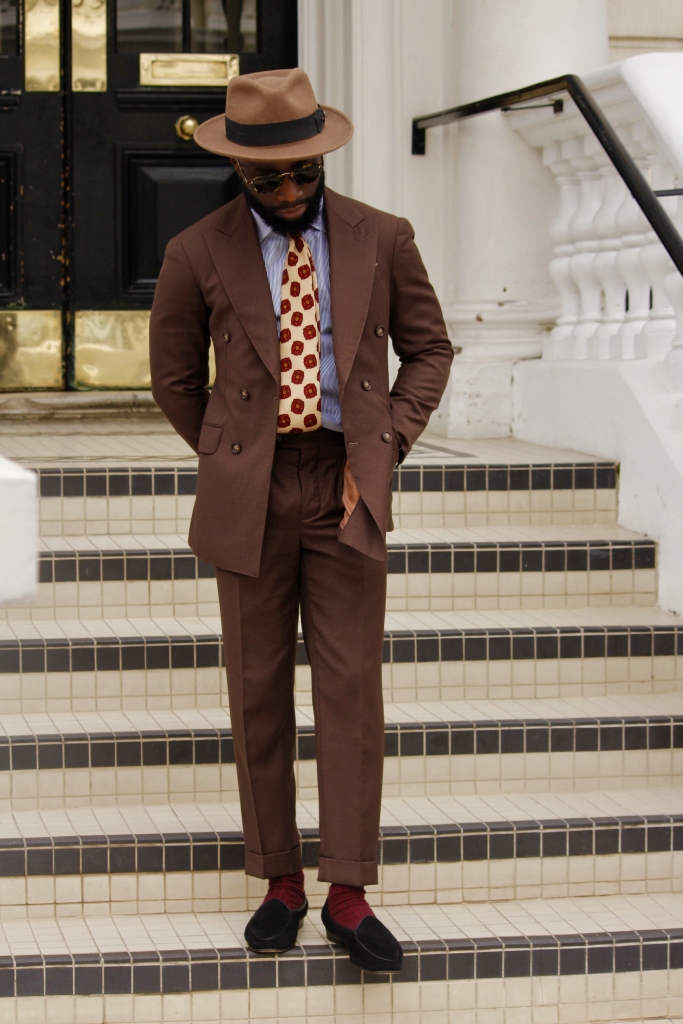 brown suit